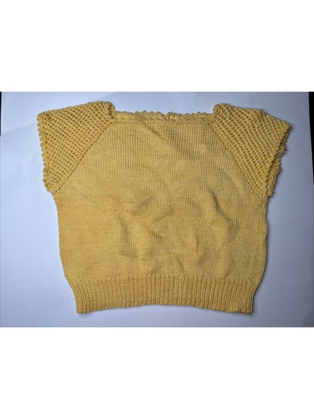 Hand Knitted Crocheted Large Yellow Cropped Short Sleeve Sweater Top